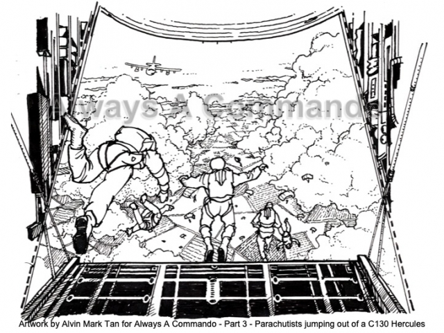 Artwork by Alvin Mark Tan for Always A Commando - Part 3 - Parachutists jumping out of a C130 Hercules